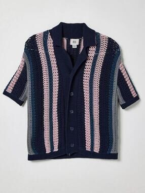 BDG Blue Stripe Open Knit Short Sleeve Polo Cardigan Sweater Grannycore Size M